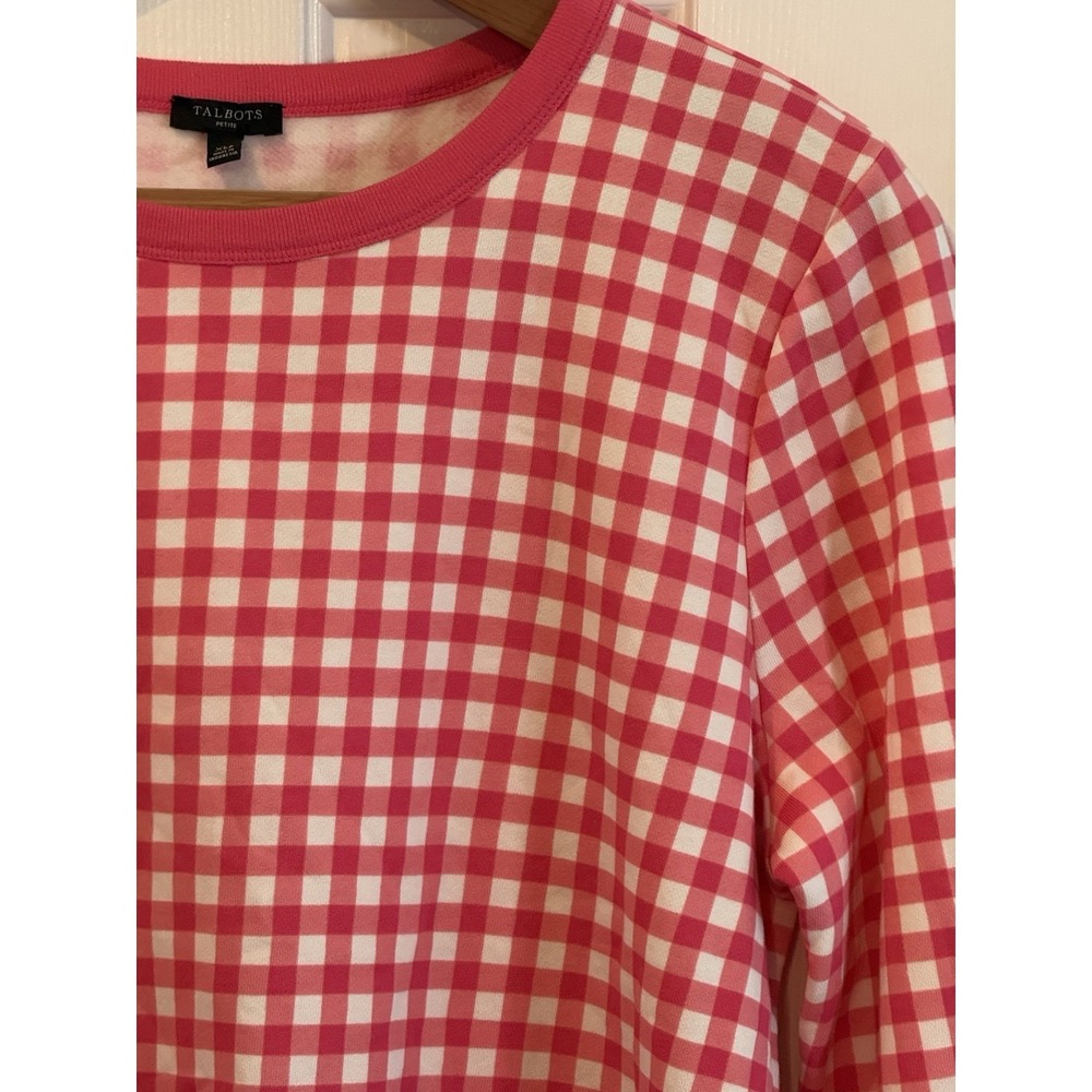 Talbots Womens Sweater XL Petite Pink White Gingham Knit Crew Neck Long Sleeve - Picture 2 of 8